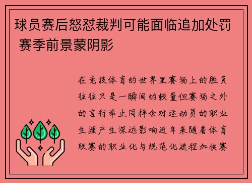 球员赛后怒怼裁判可能面临追加处罚 赛季前景蒙阴影